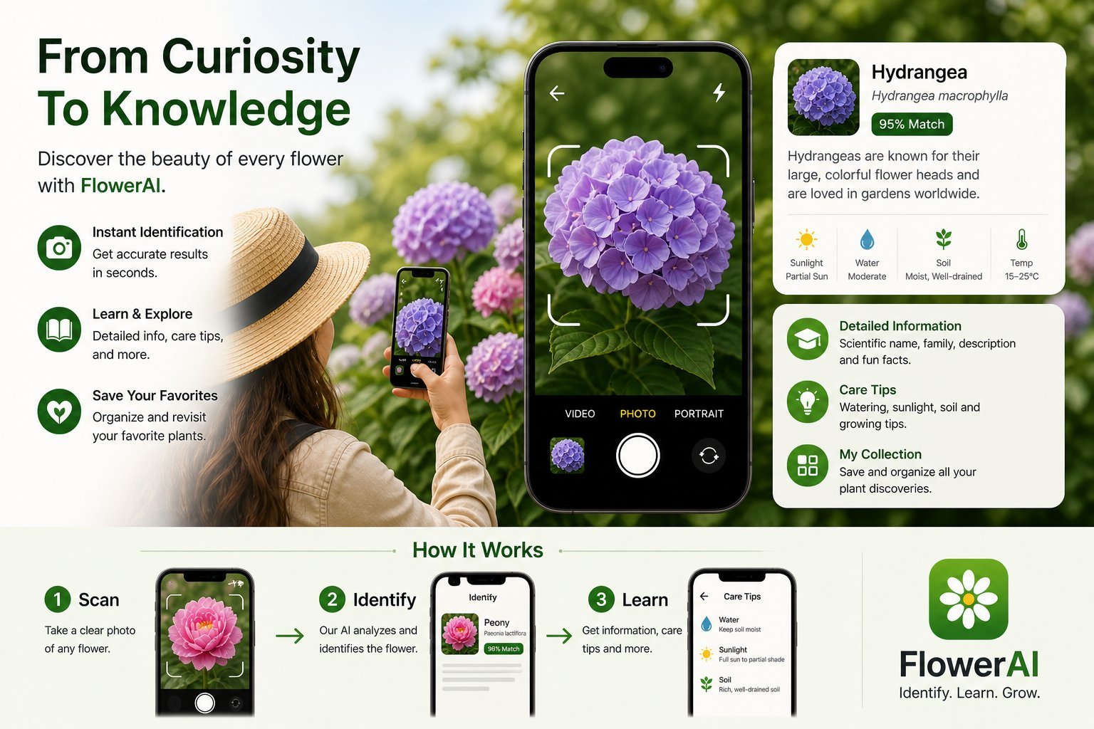 FlowerAI showing hydrangea identification with care details