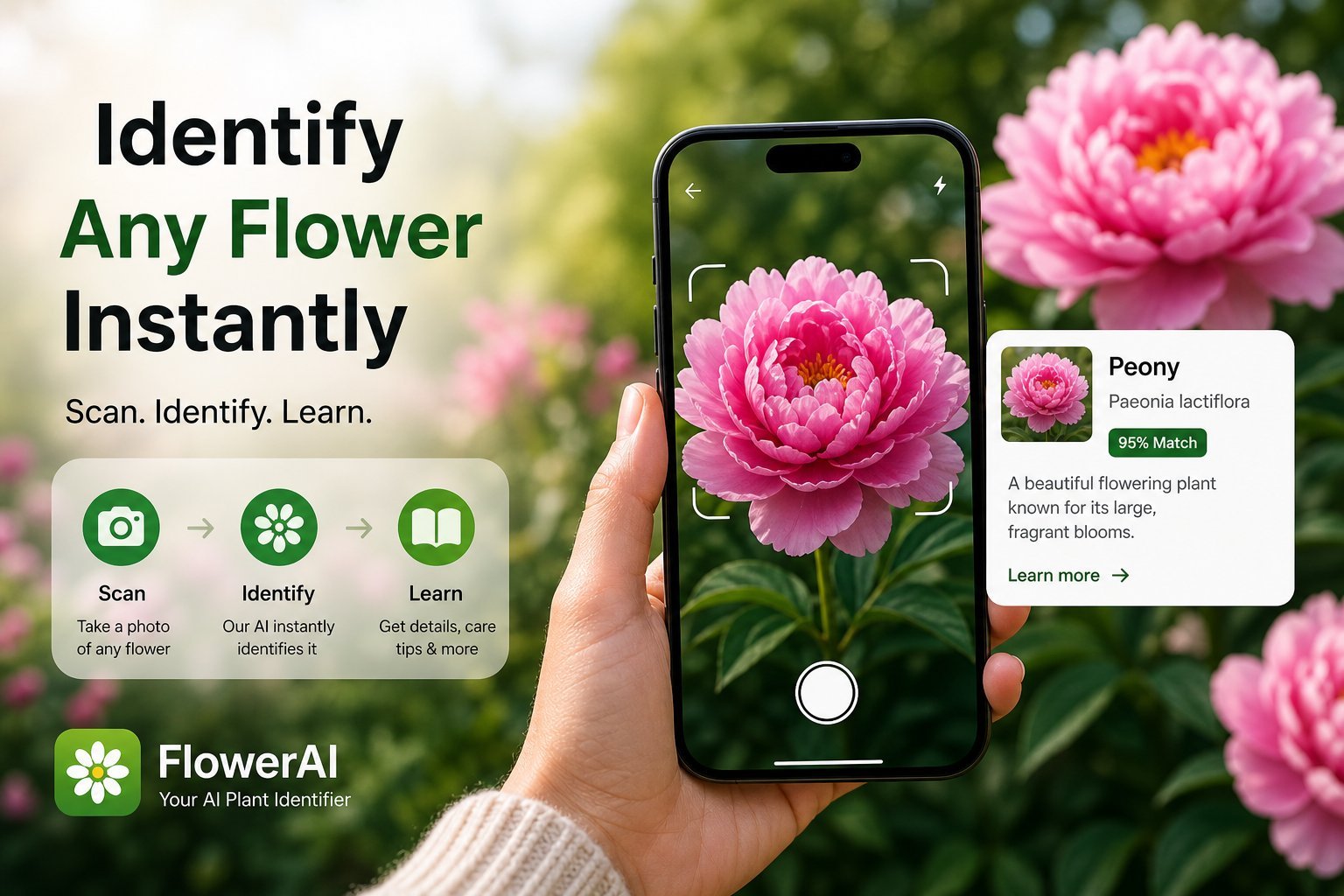 Flower Identifier app — pink peony with 95% match identification result
