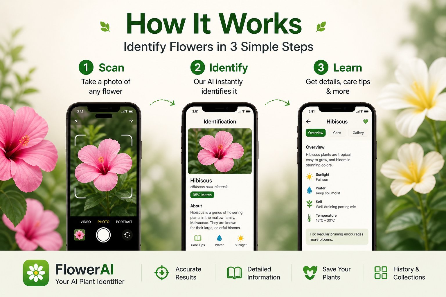 3-step flower identification flow: scan, identify, learn