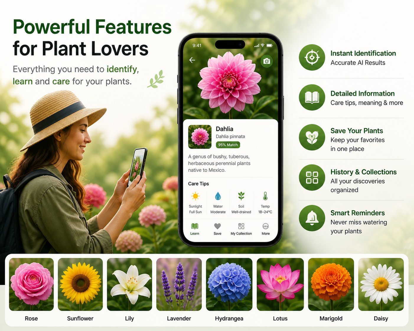 Powerful flower identification features including care tips and collections